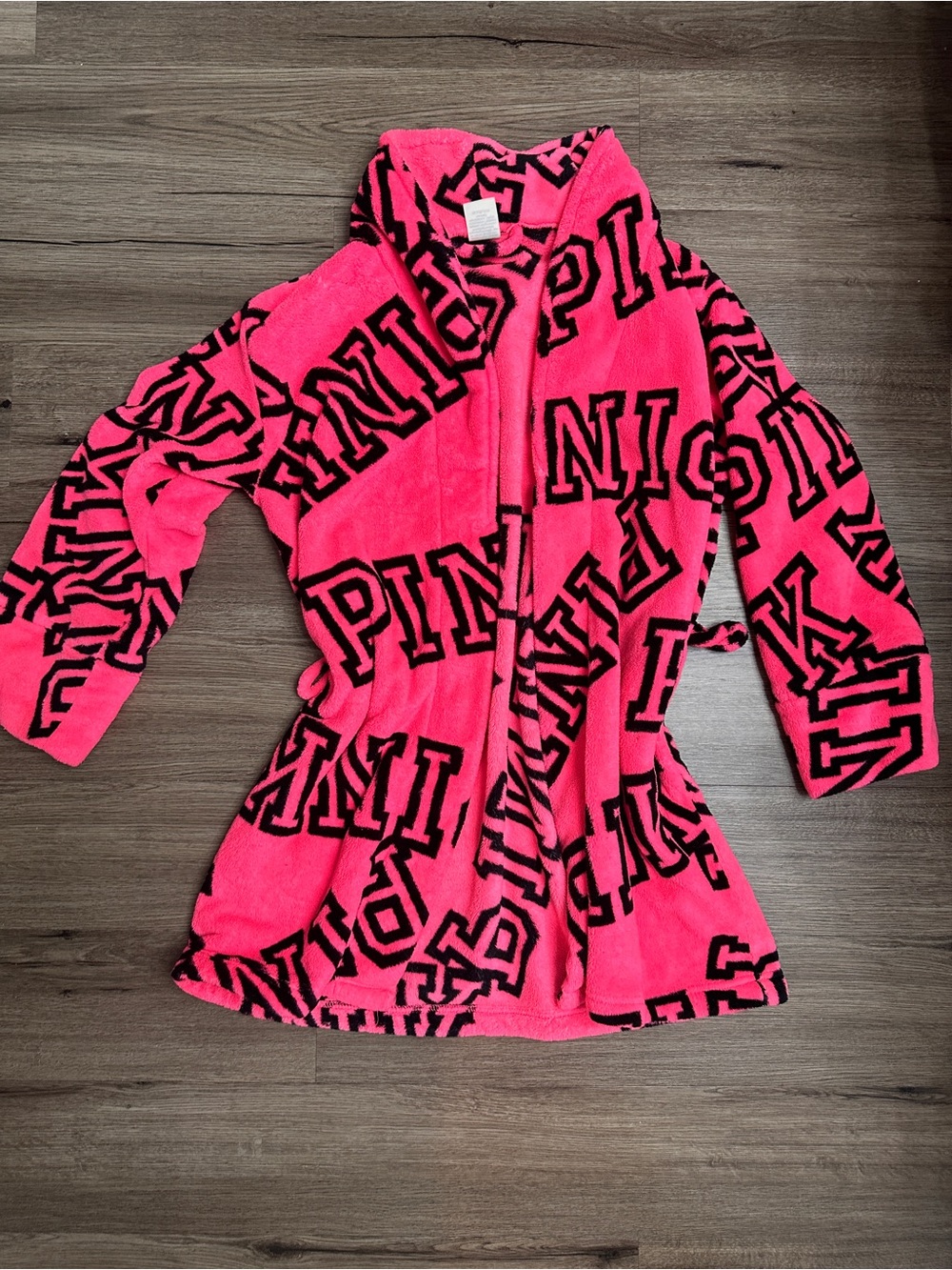 PINK Victoria's Secret Neon Pink Plush Logo Robe with Black Print